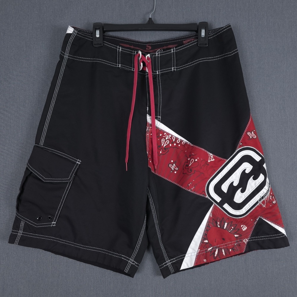 Billabong x Shane Dorian Board Shorts Mens 36 (Fits 34x11) Black Red Unlined Y2K